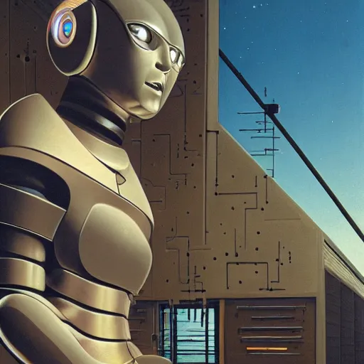 Image similar to detailed face of a synthetic sentient super - intelligent humanoid with eyes warming up, rammed earth courtyard, cool skydome, fresh atmosphere, ambient, rick guidice, syd mead, hajime sorayama