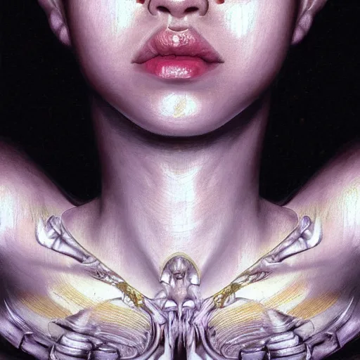 Image similar to Kiko Mizuhara, physically accurate, dramatic dynamic lighting, intricate, elegant, highly detailed, digital painting, artstation, very hyperrealistic, HR GIGER, Hieronymus Bosch, Francis Bacon, Tomas Sanchez, Renaissance, concept art, smooth, sharp focus, illustration, art by artgerm and greg rutkowski and alphonse mucha