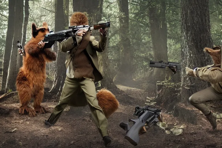 Image similar to two woodland creatures battling each other with guns, woodland setting