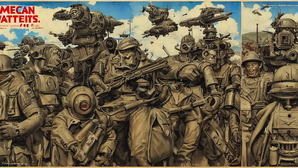 Image similar to American battle mechs of WWII in the style of Norman Rockwell, sci-fi illustrations, propaganda poster, highly detailed, intricate, photorealistic, award-winning, patriotic, american, dark, gritty, oil painting