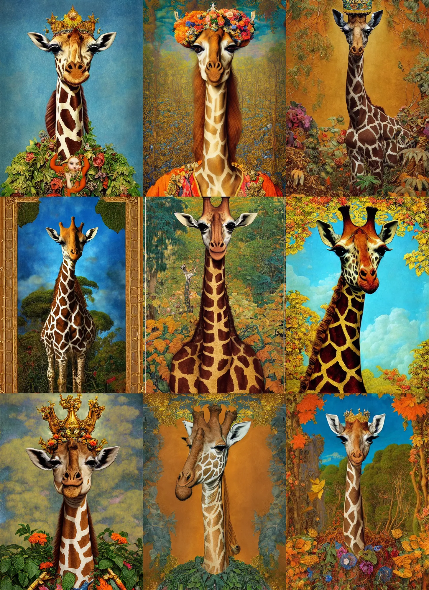 Prompt: “ a majestic portrait of a giraffe wearing a crown, on a throne of leaves, mark ryden, titian, sam spratt, maxfield parrish, gustav klimt, tom bagshaw, alphonse mucha, high detail, 8 k, intricate ornamental details, vibrant renaissance colors, orange blue and gold ”