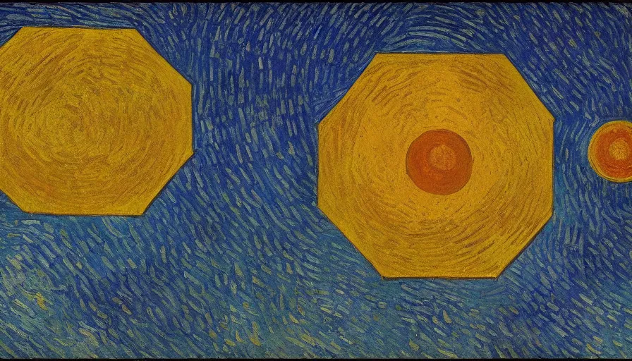 Image similar to the sun being blocked by a hexagon in space, planet earth in the foreground, painted by van gogh