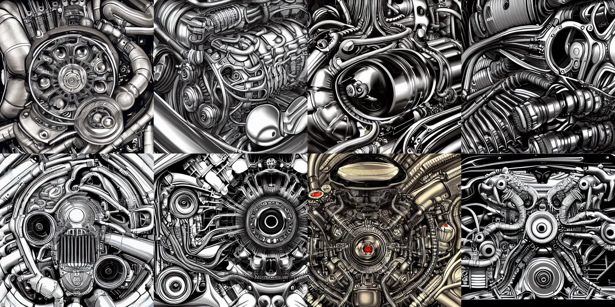 Prompt: closeup of car engine , vector art, vector, biomechanical, mechanical, in the style of h.r giger, norman rockwell, giger, highly detailed, soft lighting, 8k resolution, oil on canvas
