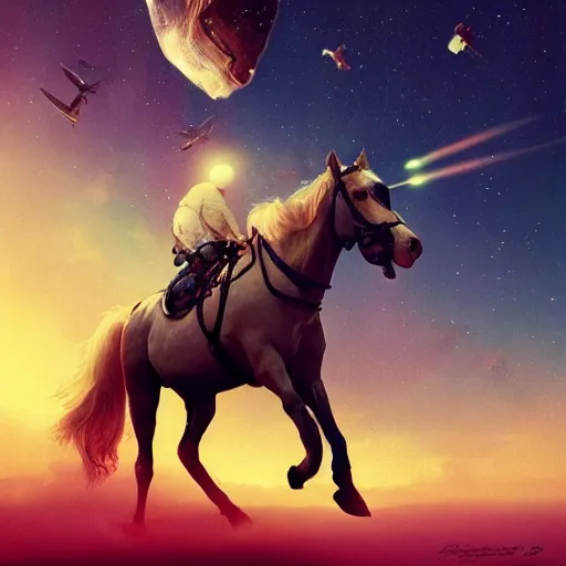 Prompt: image of horse above astronaut, hyperrealistic masterpiece, trending on artstation, cgsociety, kodakchrome, golden ratio, cinematic, composition, beautiful lighting, hyper detailed