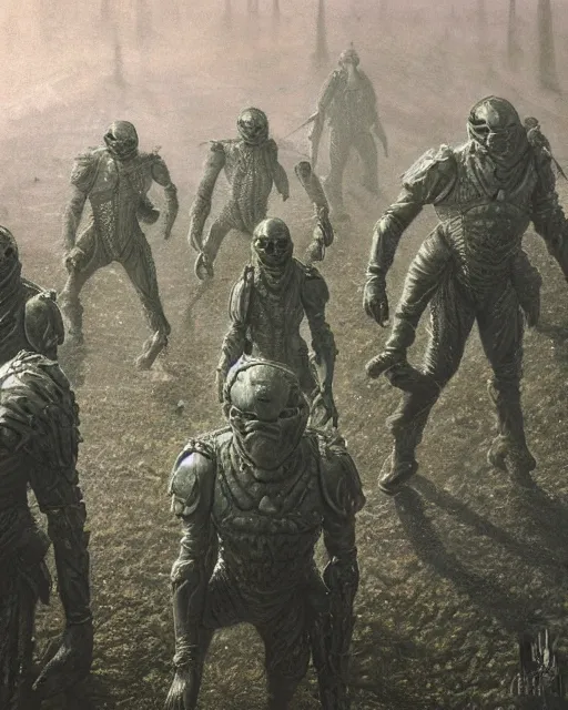 Image similar to group of sardaukar soldiers in a chlorine swamp, green hour, retrofuturism sci - fi old movie, highly detailed, photorealistic, 8 k, by beksinski and stalenhag