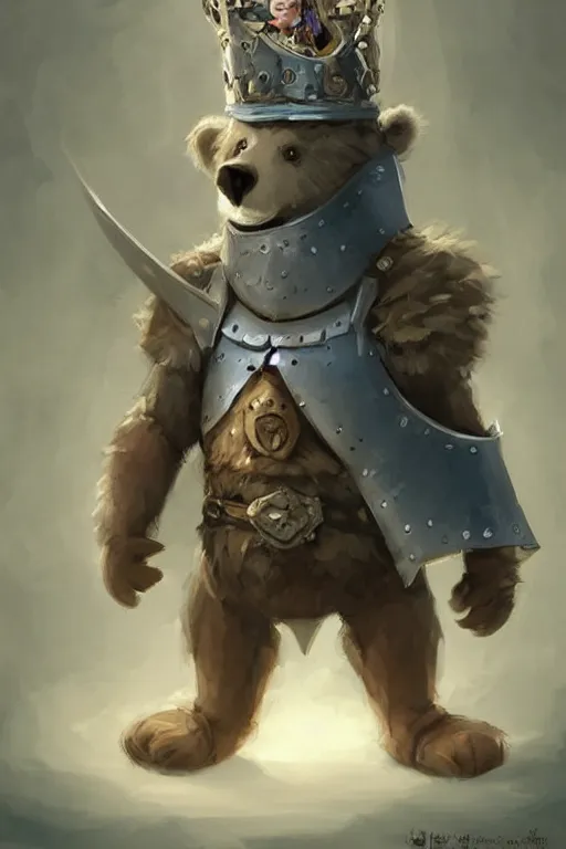 Image similar to cute little anthropomorphic bear knight wearing a cape and a crown, tiny, small, miniature bear, baby animal, short, pale blue armor, cute and adorable, pretty, beautiful, DnD character art portrait, matte fantasy painting, DeviantArt Artstation, by Jason Felix by Steve Argyle by Tyler Jacobson by Peter Mohrbacher, cinematic lighting