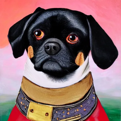 Prompt: portrait of black pugalier dog wearing an elvis costume, renaissance style painting