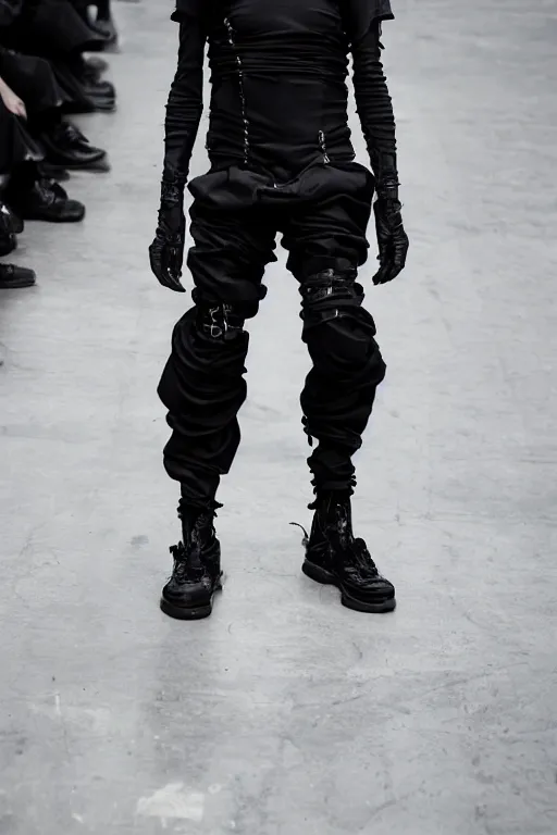 Image similar to avant garde techwear look and clothes, we can see them from feet to head, highly detailed and intricate, hypermaximalist, tonal colors, futuristic, luxury, Rick Owens, Errolson Hugh, Yohji Yamamoto, Y3, ACRNYM, cinematic outfit photo