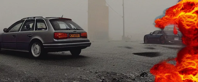 Image similar to Audi A4 B6 Avant (2002), a gritty neo-noir, dramatic lighting, cinematic, eerie person, death, homicide, homicide in the snow, gunshots, establishing shot, extremely high detail, photorealistic, red mist, red fog, chaos, arson, burning city, cinematic lighting, artstation, by simon stalenhag, Max Payne (PC) (2001) winter New York at night, In the style of Max Payne 1 graphic novel, flashing lights, Poets of the Fall - Late Goodbye