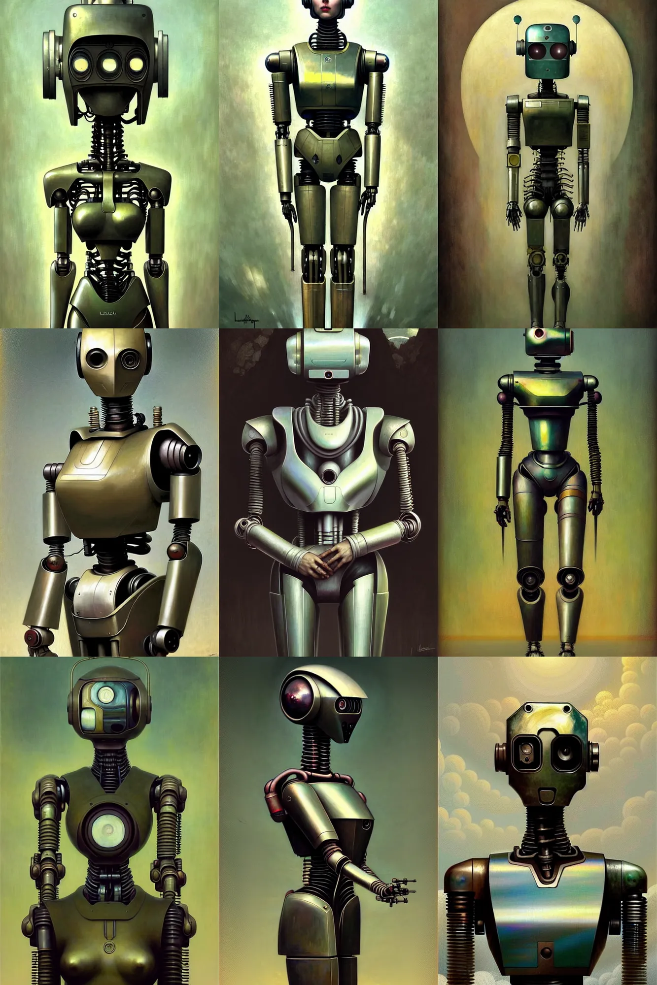 Prompt: fullbody or portrait, mech in the style of kallamity luca zampriolo, award winning art by santiago caruso, iridescent color palette, beautiful face, by wlop and karol bak and bouguereau and viktoria gavrilenko, 1 9 5 0 s retro future robot android. muted colors