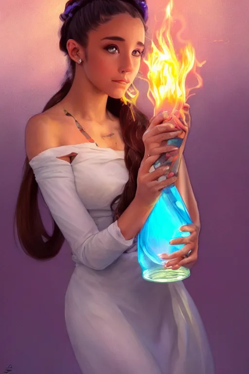 Image similar to beautiful cottagecore Ariana Grande holding a nuclear glowing colored vase. intricate, elegant. highly detailed, digital painting, artstation, concept art, smooth, sharp, focus, illustration. . art by artgerm and greg rutkowski and alphonse mucha