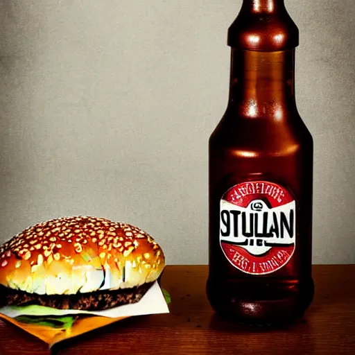 Image similar to studio photograph bottle boylan soda and a hamburger