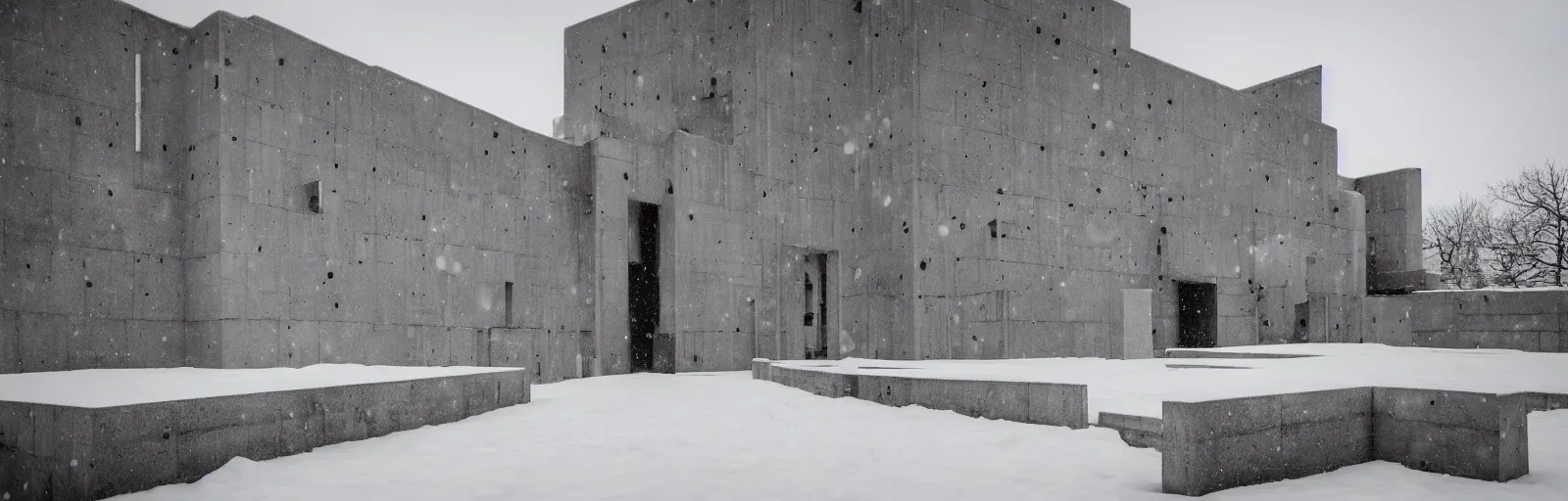 Image similar to snow falling on brutalist monastery, the monastery is on top of a black snowy mountain, the concrete monastery has walkways, skybridges, stairways, white marble statues on pedestals in the background, depth of field, sharp focus, clear focus, beautiful, award winning architecture, hopeful, quiet, calm, serene