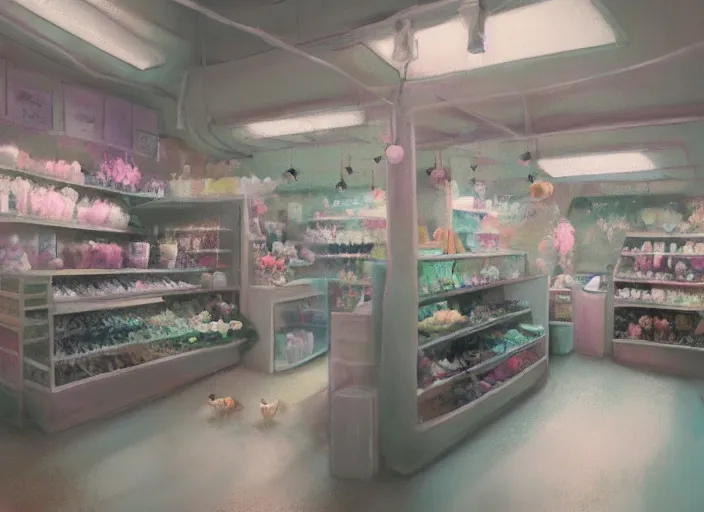 Prompt: placid pastel deep cozy moody cluttered painterly fluffy tiny cramped pet store counter, aisles of aquariums, slanted ceiling, tiny space, particulate, trending on pixiv