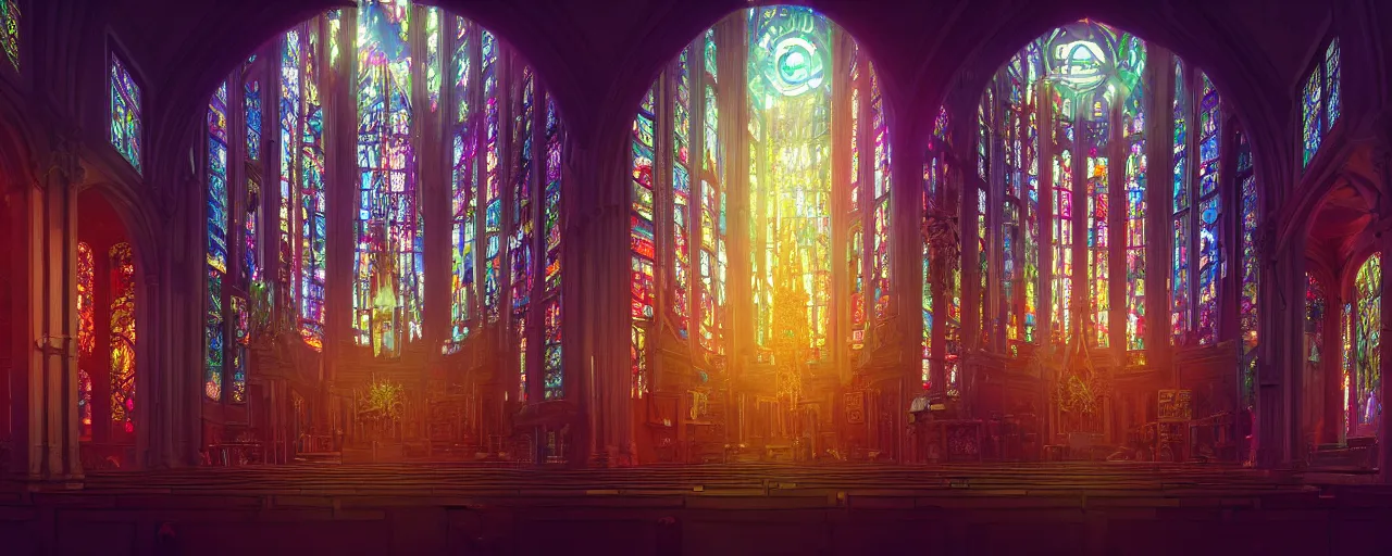 Image similar to A cyberpunk church altar, by Naomi Okubo, landscape, dramatic lighting, high contrast colors, panoramic view, as trending on Artstation,