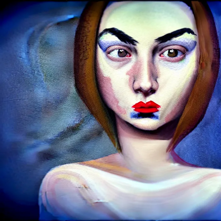 Prompt: nice quality and nice everything painting of a nice portrait of the girl with nice facial features, thick eyebrows, dark shadows under eyes, bright eyes sweater and shorts, at the psych ward laughing at the viewer, style is very Baroque, softly shadowed, enjoyable, ultra quality film still with provio. rendered with 3D effect.