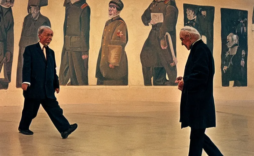 Image similar to 60s movie still close-up portrait of an elder soviet man walking in an empty sovietic museum with propaganda fresco, by David Bailey, Cinestill 800t 50mm eastmancolor, heavy grainy picture, very detailed, high quality, 4k, HD criterion, precise texture and facial expression