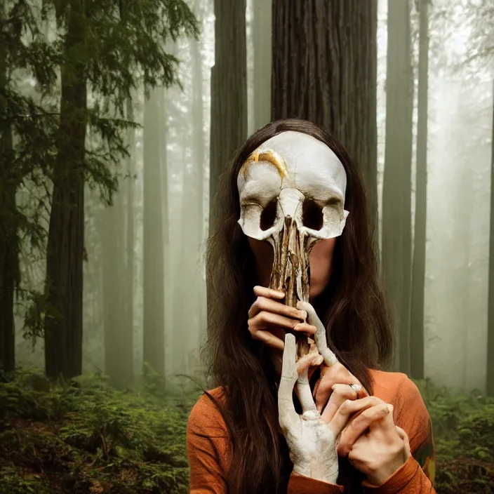 Image similar to a color photograph, closeup portrait of a woman wrapped in plastic, holding a unicorn skull, in a foggy redwood forest, color photograph, by vincent desiderio, canon eos c 3 0 0, ƒ 1. 8, 3 5 mm, 8 k, medium - format print