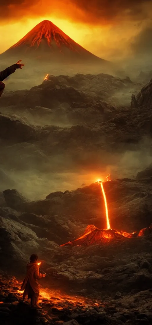 Image similar to Frodo throwing the ring of power into the fires of Mount Doom, dynamic lighting, cinematic, establishing shot, extremely high detail, photorealistic, cinematic lighting, post processed, concept art, artstation, matte painting