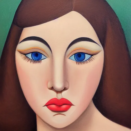 Prompt: painting of a young adult woman face with small blue eyes big brown browns long lashes high cheekbones and sharp jawline small plump lips straight nose white skin long bangs brown hair by botero