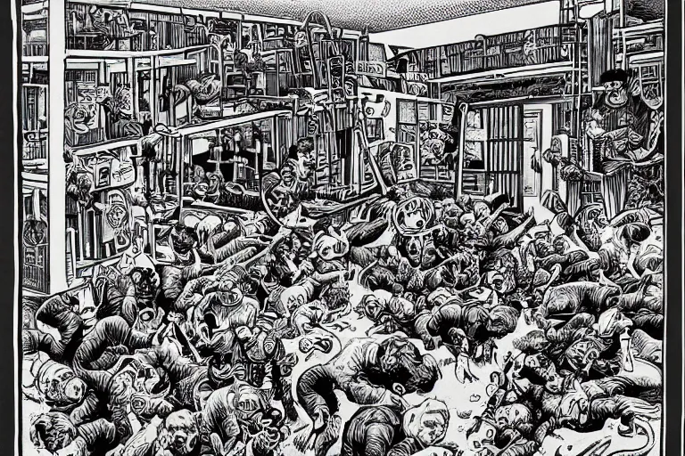 Prompt: a strange battle in an old hospital between old people and babies Robert Crumb Basil Wolverton pen and ink highly detailed perfect composition beautiful strange masterpiece