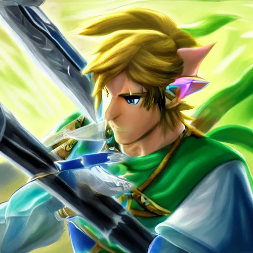 Image similar to Link proudly holding up the master sword, masterpiece, digital art, 8k , very detailed