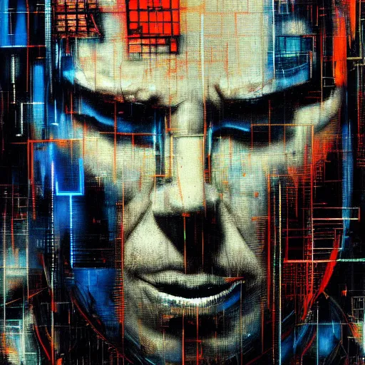 Prompt: hyperrealistic portrait of a cyberpunk man in cyberspace, by Guy Denning, Johannes Itten, Russ Mills, hacking effects, determined, detailed lines, color blocking!, acrylic on canvas, insane detail, intricate, front view, symmetrical, octane, concept art, abstract, artistic, 8k, cinematic, trending on artstation