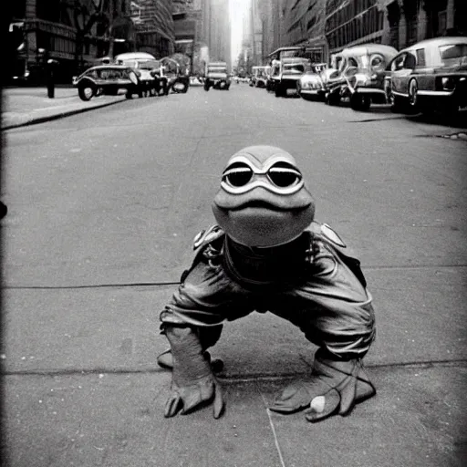 Image similar to Beautiful Portrait Photograph from 1950s of a ninja turtle in the middle of a New York street,