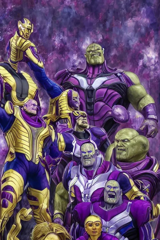 Image similar to Thanos happily cheering in the stands at a football game oil on canvas, intricate, portrait, 8k highly professionally detailed, HDR, CGsociety