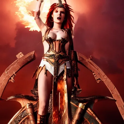 Image similar to bella thorne as the powerful goddess of war in her throne, ground mist, cinematic