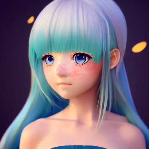 Image similar to Render of a very beautiful 3d anime girl, long sky blue hair, jewelry eyes, cute freckles, full round face, short smile, cute teal sundress, golden hour, serene beach setting, cinematic lightning, medium shot, mid-shot, very very highly detailed, trending on Artstation, Unreal Engine 4k