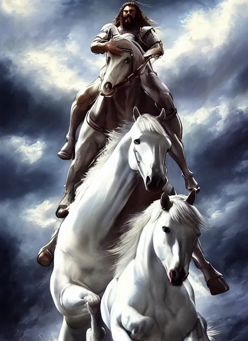 Prompt: the first horseman of the apocalypse riding a white stallion, horse is up on it's hind legs, the rider looks like jesus, ominous, beautiful, artwork by artgerm and rutkowski, breathtaking, dramatic