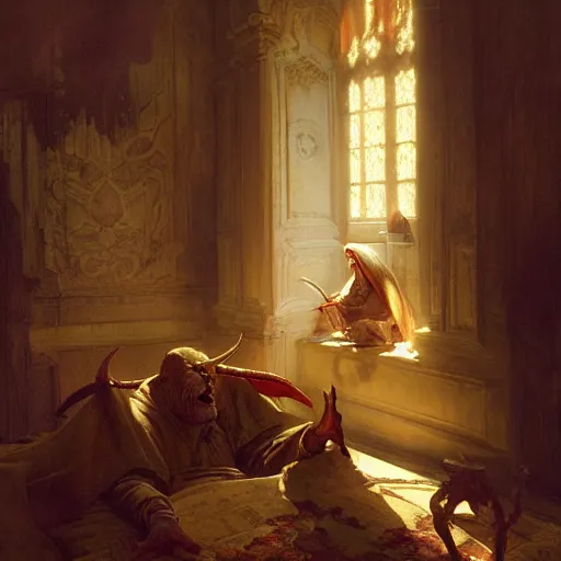 Image similar to the pope is in his bedroom, scared because a horned demon is attacking him. highly detailed painting by gaston bussiere, greg rutkowski, craig mullins 8 k