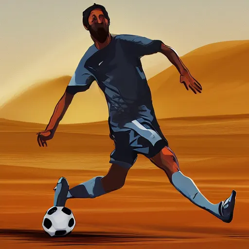 Prompt: a man playing a soccer in the desert, digital art, concept art