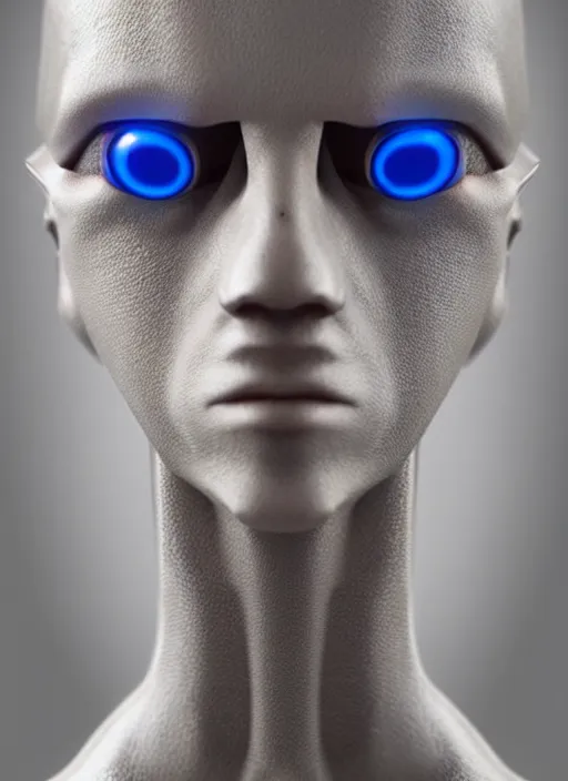 Image similar to angled facial full-head portrait of a cyberpunk bone ceramic caliente humanoid robot Spanish with an attractive face and handsome features, large blue laser eyes, macho, piroca, dotado, guapo, reflective surface, trending on cgsociety, trending on artstation