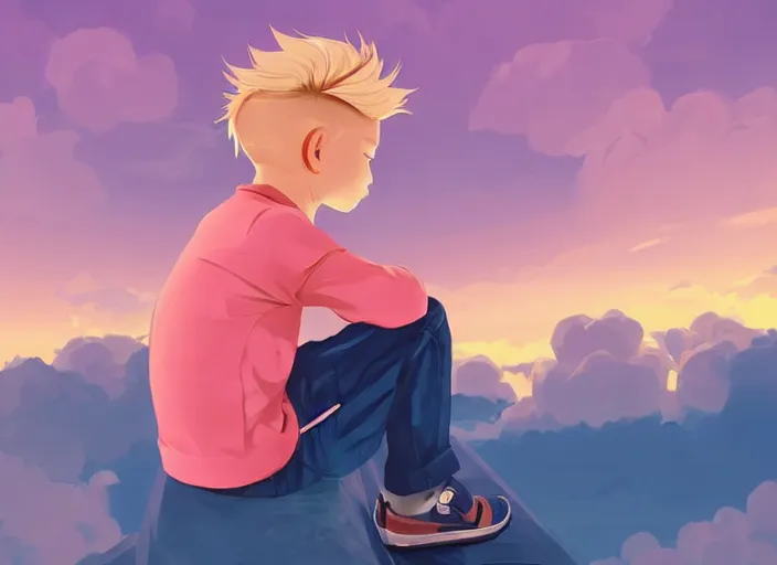 Image similar to a little boy with blonde hair sitting on a cloud in front of a pink and blue sunrise sky. clean cel shaded vector art. shutterstock. behance hd by lois van baarle, artgerm, helen huang, by makoto shinkai and ilya kuvshinov, rossdraws, illustration, art by ilya kuvshinov