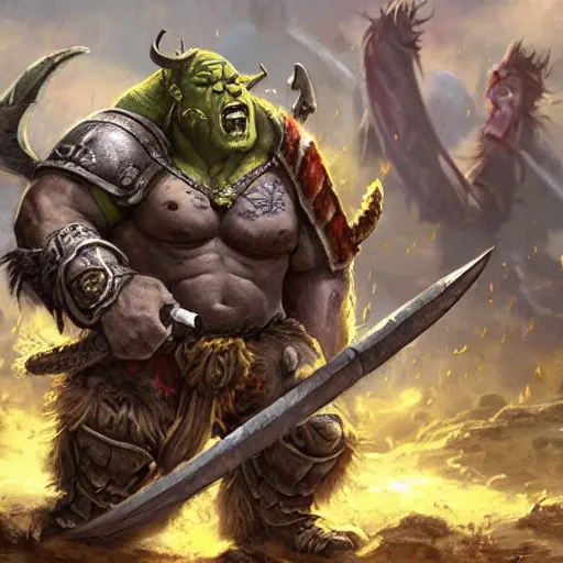 Image similar to warcraft orc holding an axe on the battlefield surrounded by bodies of fallen enemies screaming