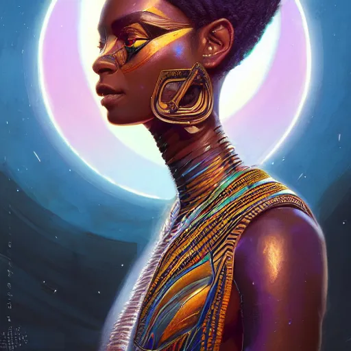 Image similar to highly detailed portrait of an african egyptian goddess, intricate alien technology, stephen bliss, unreal engine, fantasy art by greg rutkowski, loish, rhads, ferdinand knab, makoto shinkai and lois van baarle, ilya kuvshinov, rossdraws, tom bagshaw, global illumination, radiant light, detailed and intricate environment