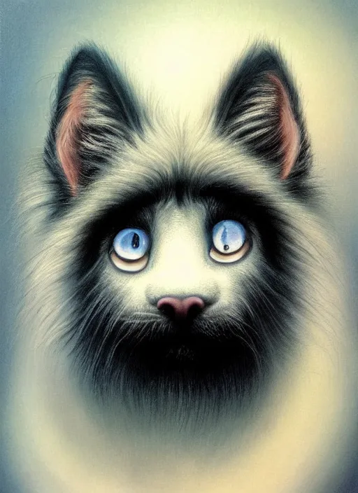 Prompt: beautiful matte airbrush portrait of a fuzzy face with sad eyes crying on a white background, 8 0's airbrush aesthetic, art by pater sato, ayami kojima and yoshitaka amano