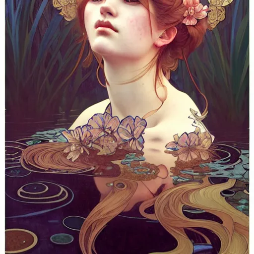 Image similar to Portrait of a girl surrounded by Koi fish, face, fantasy, intricate, elegant, highly detailed, digital painting, artstation, concept art, smooth, sharp focus, illustration, art by Krenz Cushart and Artem Demura and alphonse mucha