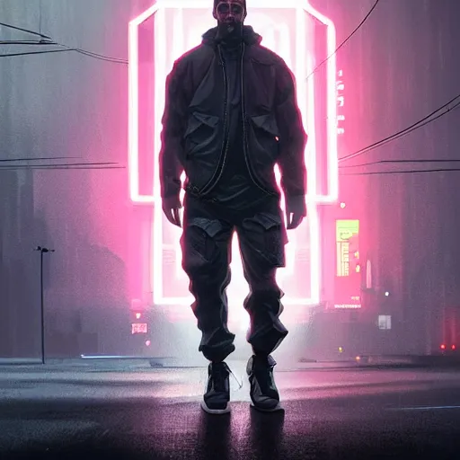 Image similar to A broad shouldered, muscular man in an Acronym techwear outfit, Acronym P31-ds pants, high quality, digital art, dire cyberpunk city, gray sky, neon signs in background, greg rutkowski