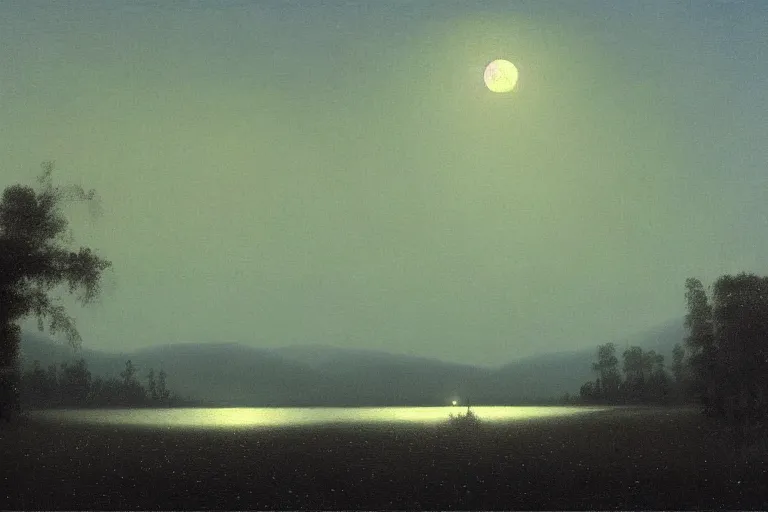 Prompt: awe inspiring arkhip kuindzhi landscape, hyperrealistic oil painting, moonlight over a river at night, 4 k, matte