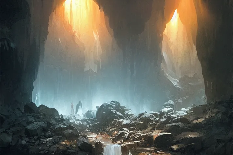 Prompt: inside of a dark cave, small water stream, dim light from orange minerals, some vegetation, fantasy, art by greg rutkowski