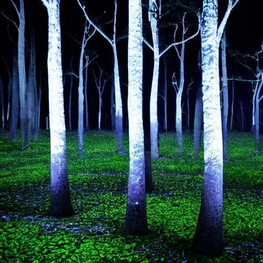 Image similar to An indigo forest in Japan, dark, midnight, seven ghostly white trees