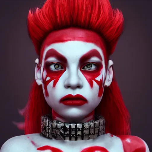 Prompt: albino latina warrior ornated armor war paint, detailed, jewelry, sakura,photograph, award wining, red and white, trending on artstation, punk attitude, 4k, unreal engine 5, octane render, neon highlights
