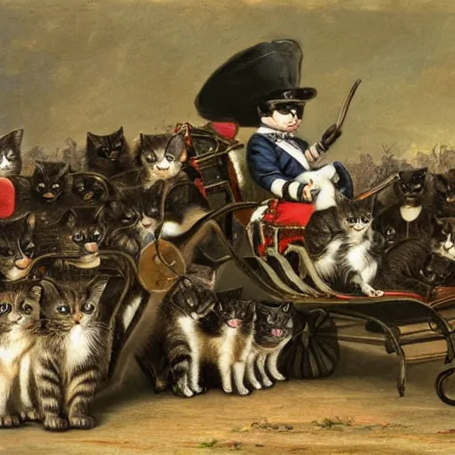 Prompt: a cat wearing napoleon's hat with a crowd of cats wearing helmets behind him. they're on a road.