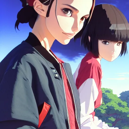 Image similar to a beautiful boyish natalie portman gravure model, wearing oversized mayan bomber jacket and leotard with overalls, bulky poofy bomber jacket with mesoamerican patterns, mesoamerican street fashion, gapmoe yandere grimdark, trending on pixiv fanbox, painted by greg rutkowski makoto shinkai takashi takeuchi studio ghibli, akihiko yoshida