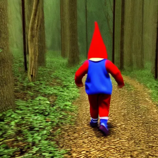 Image similar to bad quality screenshot of a leaked video of a small person dressed as gnome following me through a forest trail, night time, bright camera flash, camera shaking, realistic, ultrarealistic, 480p, scary