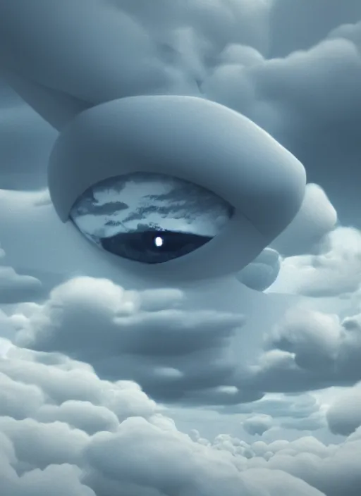 Prompt: eye in the clouds, style of Feng Zhu, Artstation, unique features, volumetric lighting, detailed, octane render, cinematic, 8k, retro sci fi film,