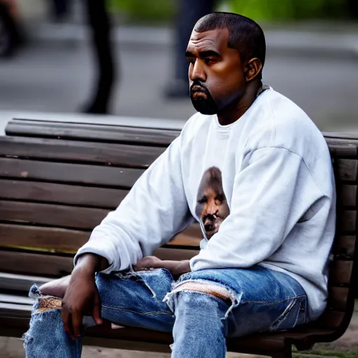 Image similar to dslr photo still of sad kanye west sitting on a park bench with a tear on his cheek, 8 k, 1 1 0 mm f 1 6